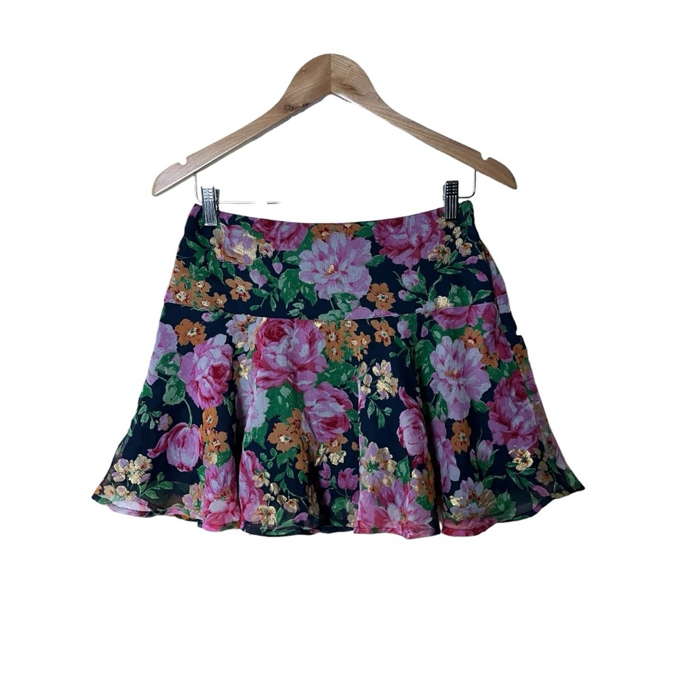 Y2K Abercrombie & Fitch Micro Mini Skirt Gold Foil Blues Pinks Floral 2 26
